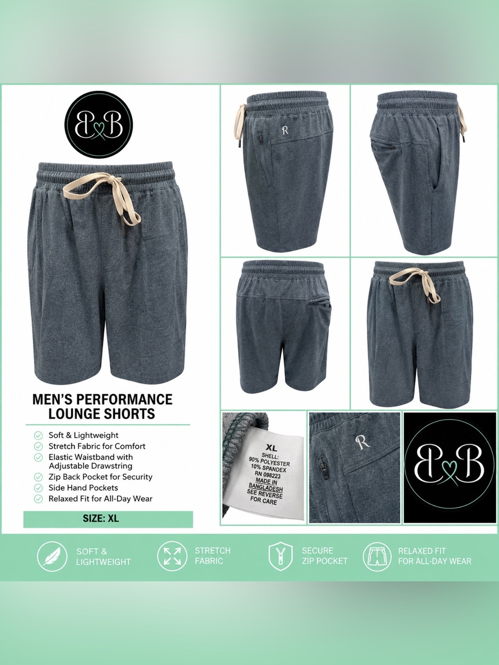 Men’s Performance Lounge Shorts Gray XL Stretch Zip Pocket Athletic